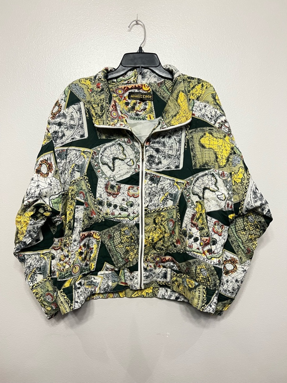 River Edge Vintage Old World Map-Print Silk Bomber Jacket Green Yellow Sz Med